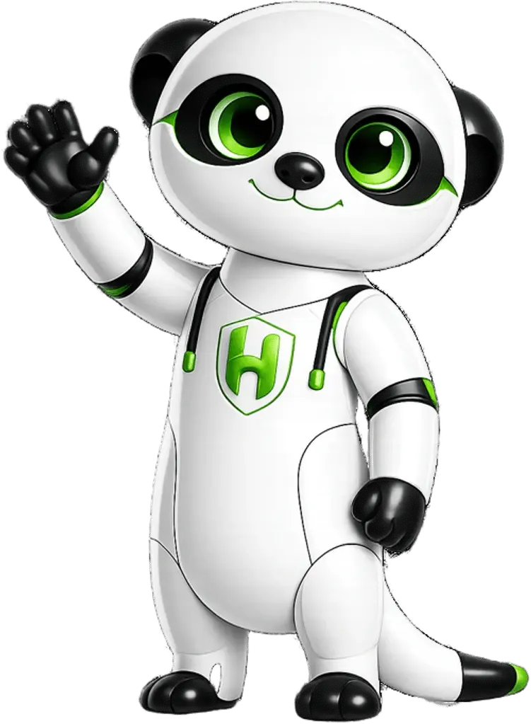 H, la mascota de HelPrime, saludando alegremente